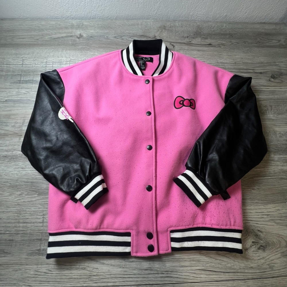 Forever 21 Hello Kitty Varsity Jacket Womens Medium Pink Black Faux Leather Y2K